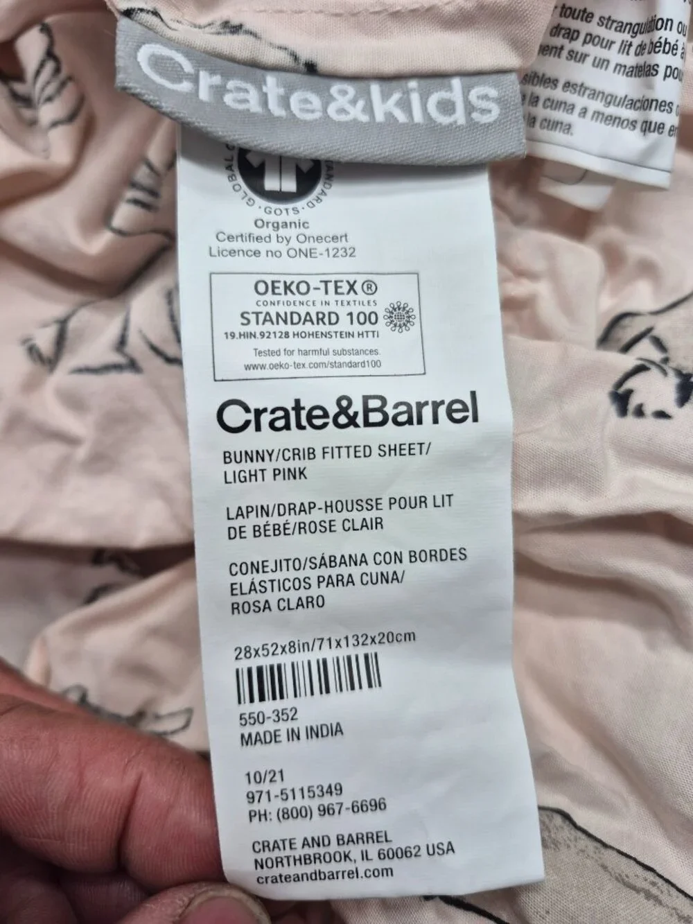 Crate & Kids Pink Bunny Crib Fitted Sheet 28x52x8in Pink Cotton Baby Bed RETIRED